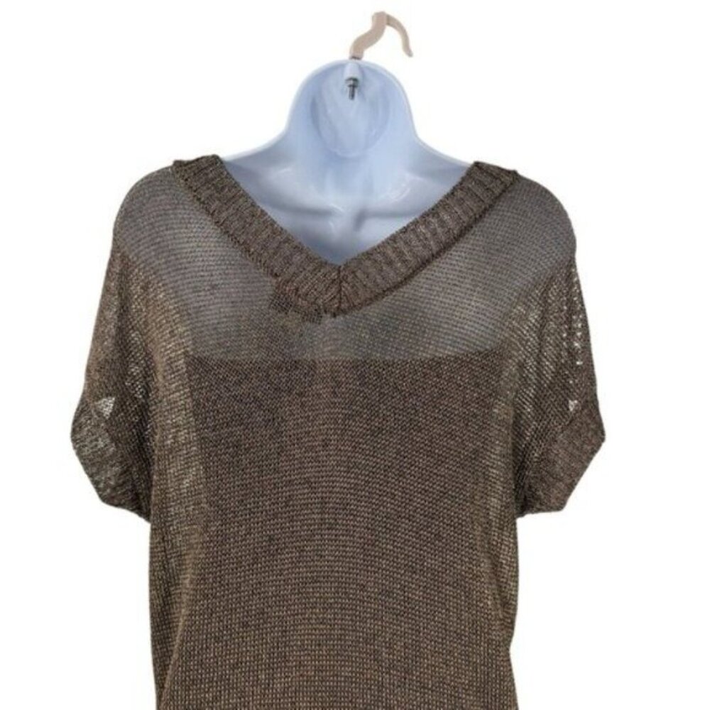 Tuckernuck Bronze Metallic Knit Mesh V Neck Short Sleeve Midi Dress Size L - Picture 6 of 9
